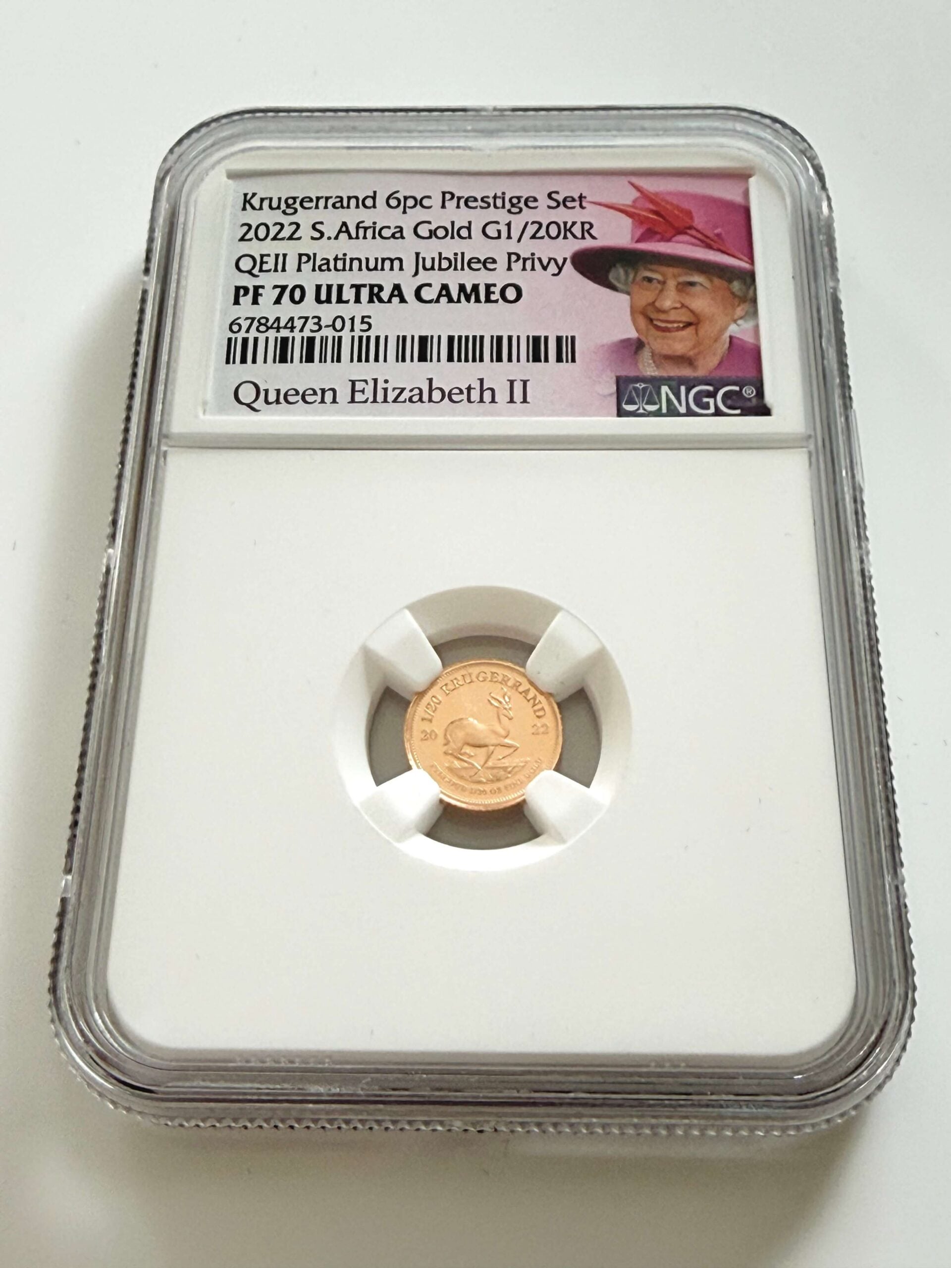 2022 Südafrika 1/20 oz Gold Krügerrand Platinum Jubilee Privy NGC PF70 Zertifikat 6784473-015