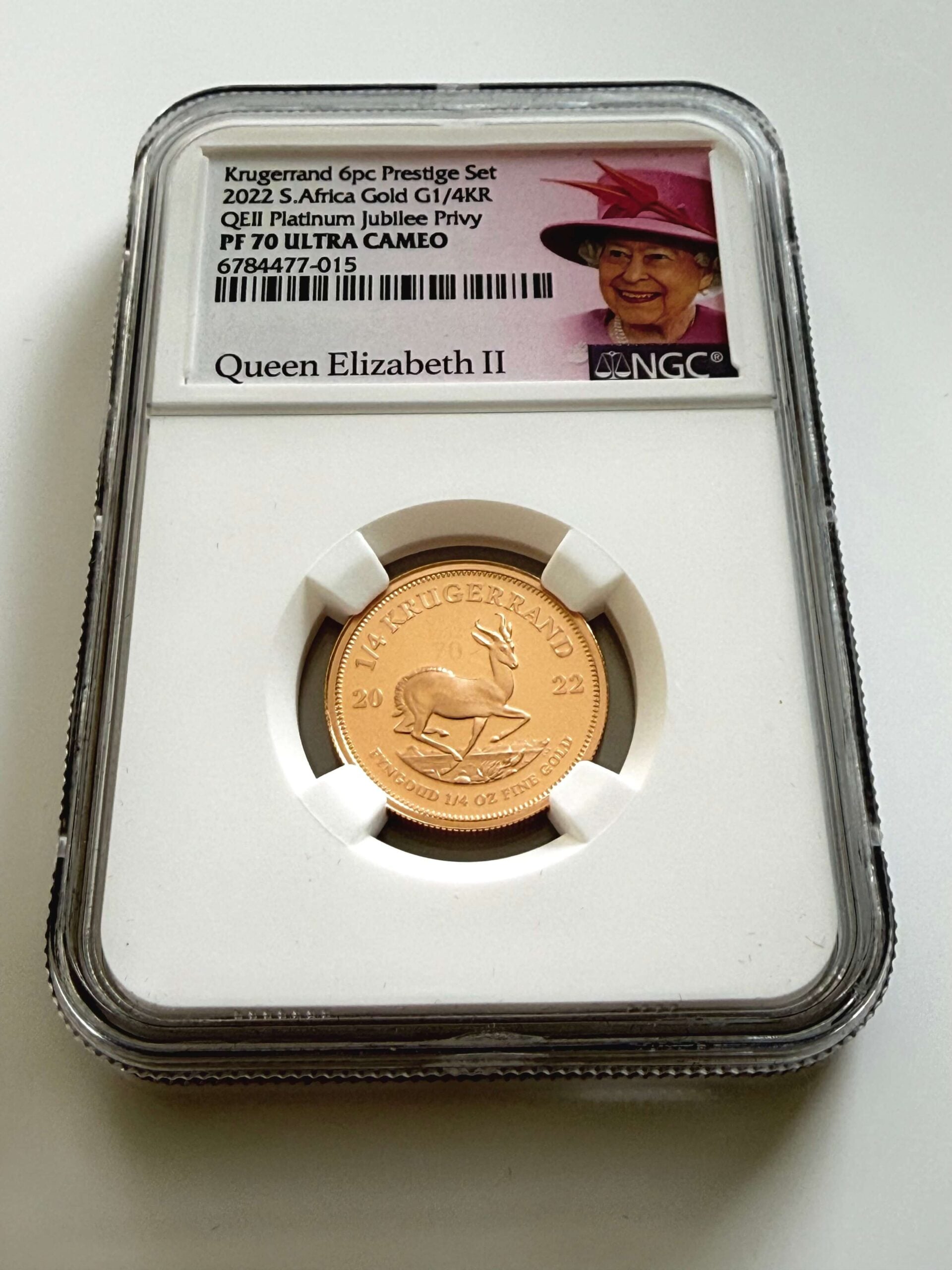 2022 Südafrika 1/4 oz Gold Krügerrand Platinum Jubilee Privy NGC PF70 Zertifikat 6784477-015