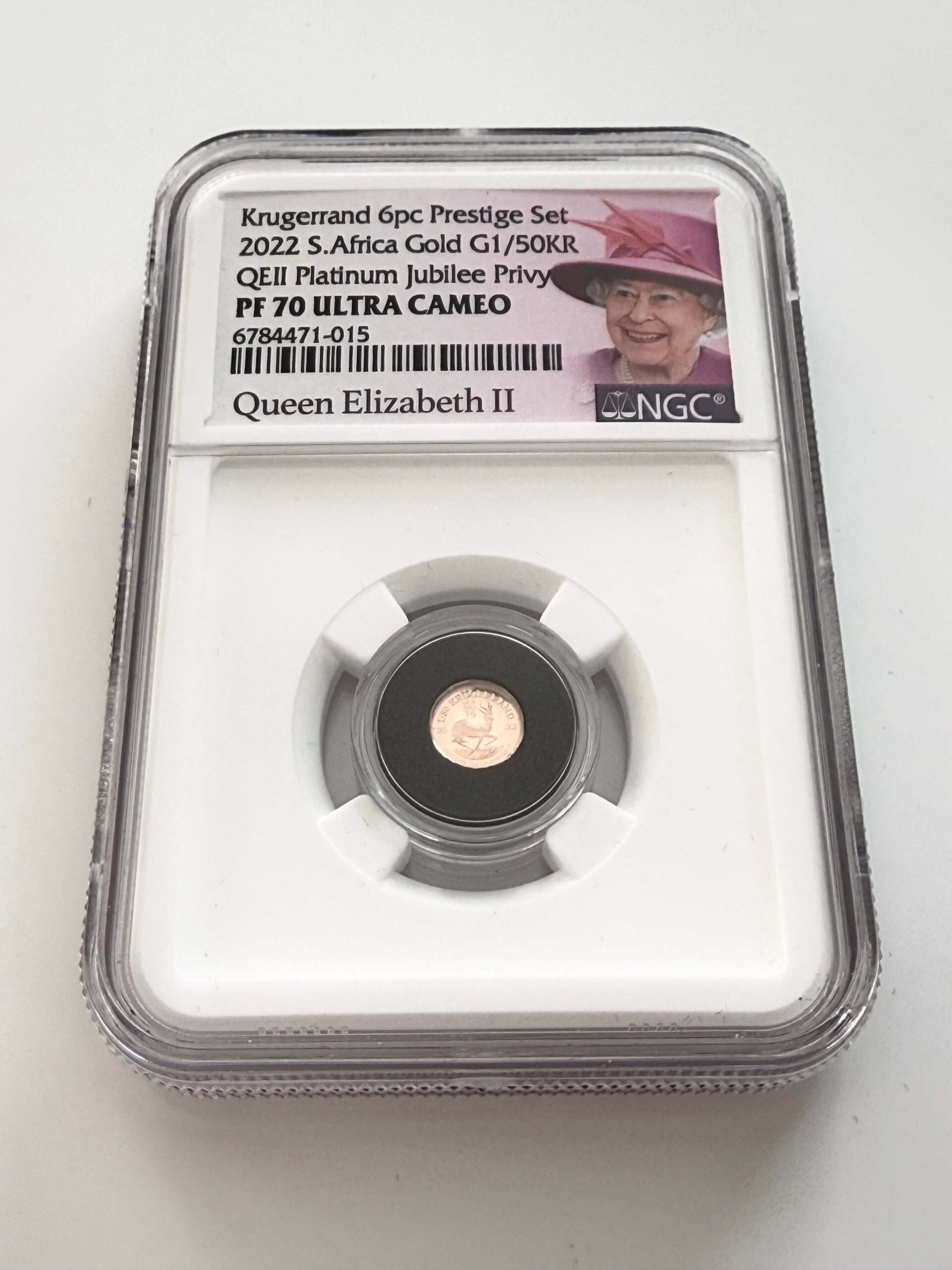 2022 Südafrika 1/50 oz Gold Krügerrand Platinum Jubilee Privy NGC PF70 Zertifikat 6784471-015