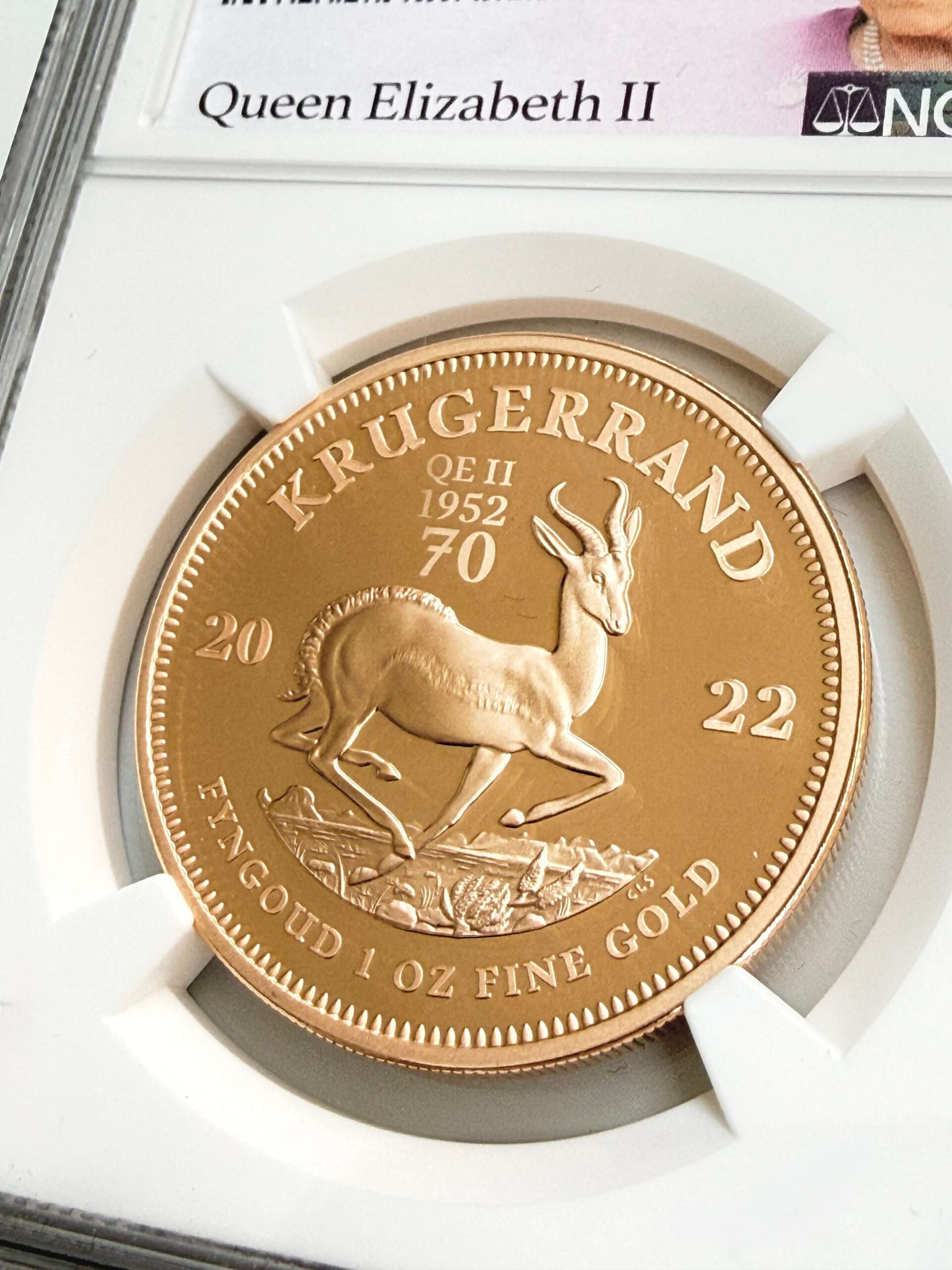 2022 Südafrika 1 oz Gold Krügerrand Queen Elizabeth II Platinum Jubilee Privy Detail