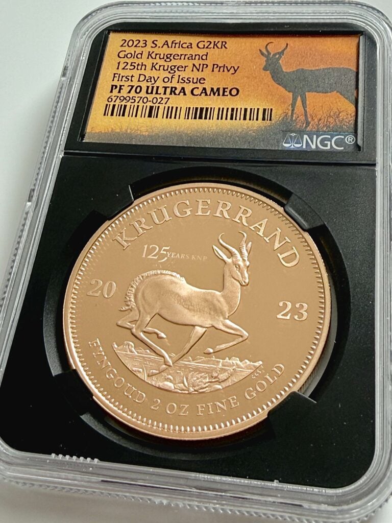 2023 Südafrika Krügerrand 2 oz Gold 125 Jahre Krüger Nationalpark NGC PF70 Rückseite mit Label