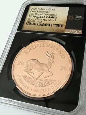 Krugerrand d'Afrique du Sud 2026, 2 oz d'or, certifié NGC PF70 Ultra Cameo, premier jour de production