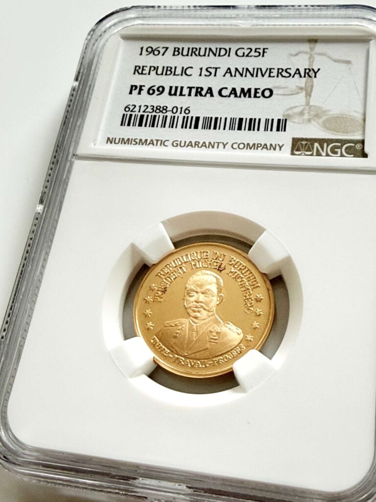 布隆迪 1967年25法郎金币,配有总统米歇尔·米孔贝罗,NGC PF69 Ultra Cameo
