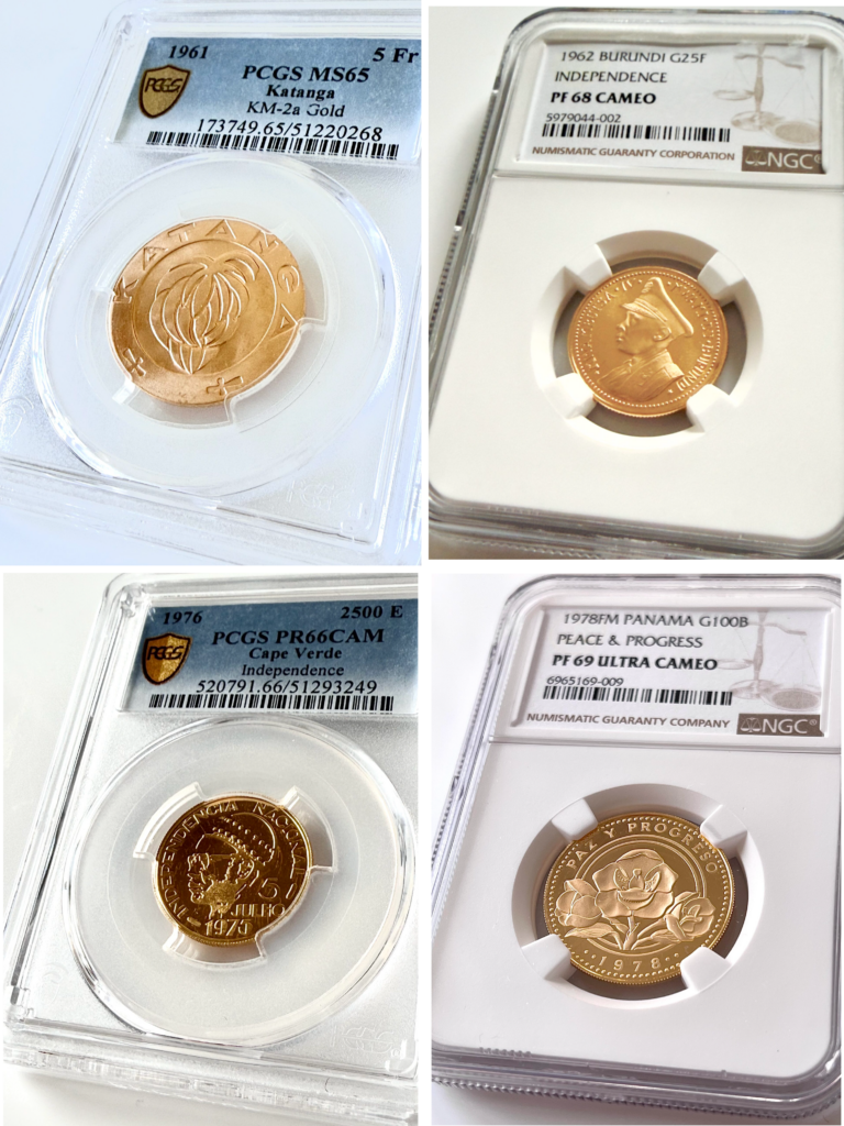 Originalfotos des Gold-Investmentpakets mit vier NGC- und PCGS-zertifizierten Goldmünzen aus Afrika und Mittelamerika