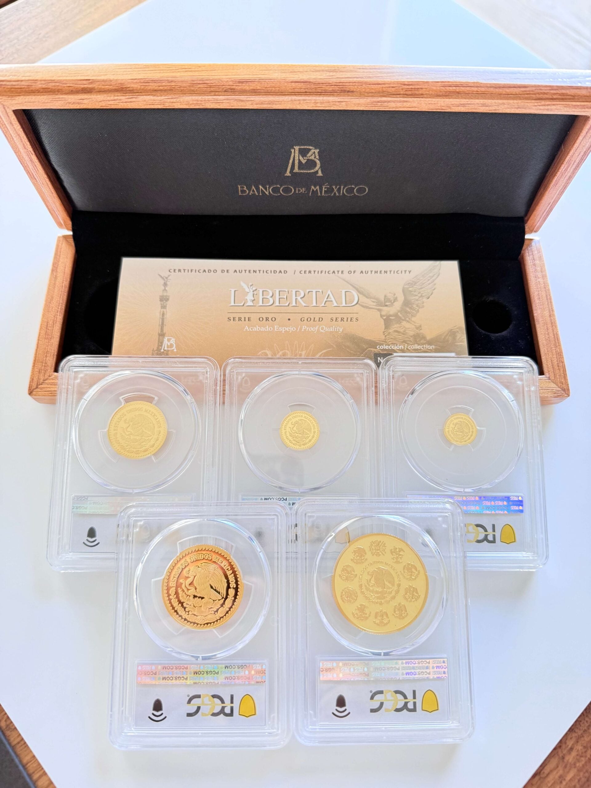 Mexiko 2016 Libertad Gold Proof Set Rückseiten 5 PCGS Münzen mit Banco de México Box und Zertifikat