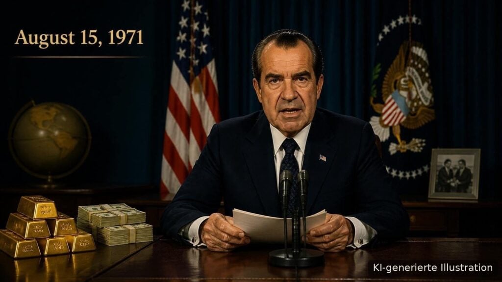 Nixon-Schock am 15. August 1971 – Präsident Nixon setzt die Dollar-Gold-Konvertibilität aus (KI-Illustration)