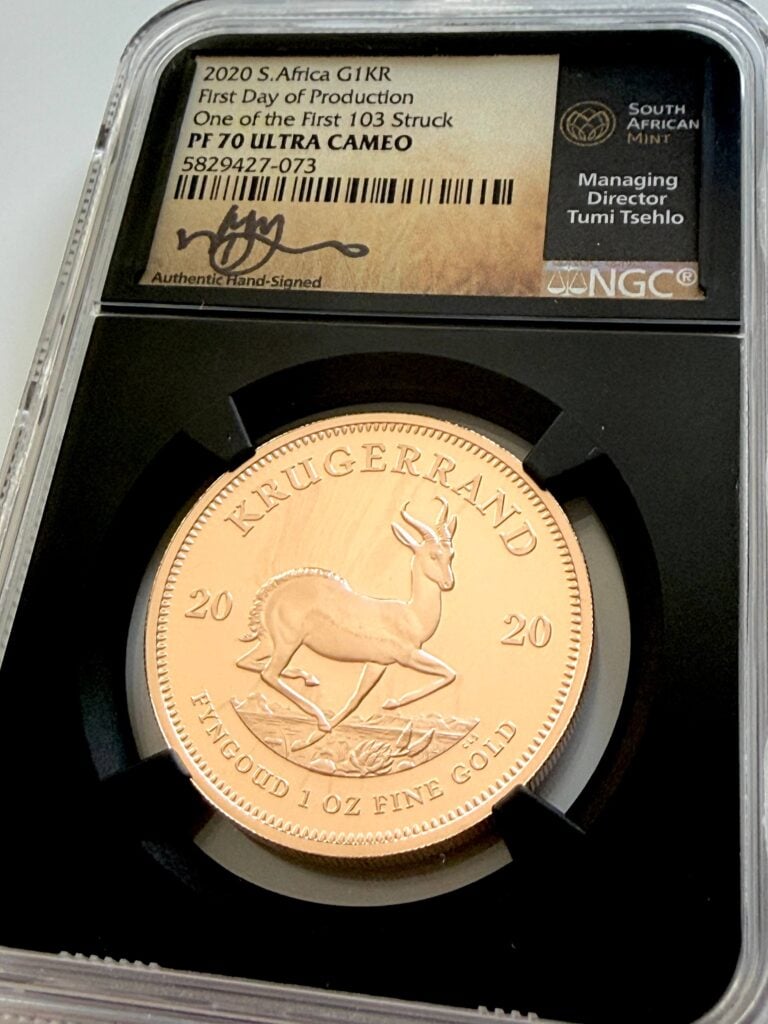 2020 Gold Krügerrand 1 oz NGC PF70 Ultra Cameo – Springbock und signiertes NGC-Label