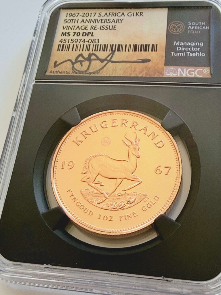 Krügerrand 1967–2017 1 oz Gold Vintage Re-Issue NGC MS70 DPL mit 50-Jahre-Jubiläumszeichen